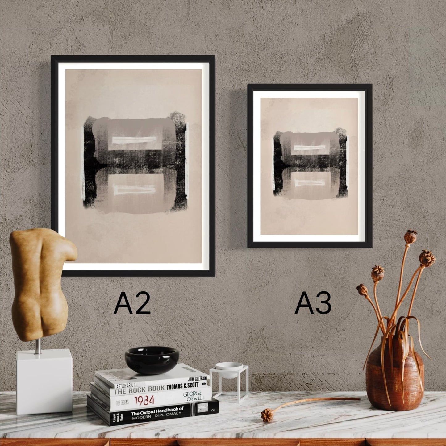 Size guide for the abstract art print Athena. Sizes available are (A2) 42cm x 59cm, 16.5inches x 23.4inches (A3) 30cm x 42cm, 11.7inches x 16.5inches