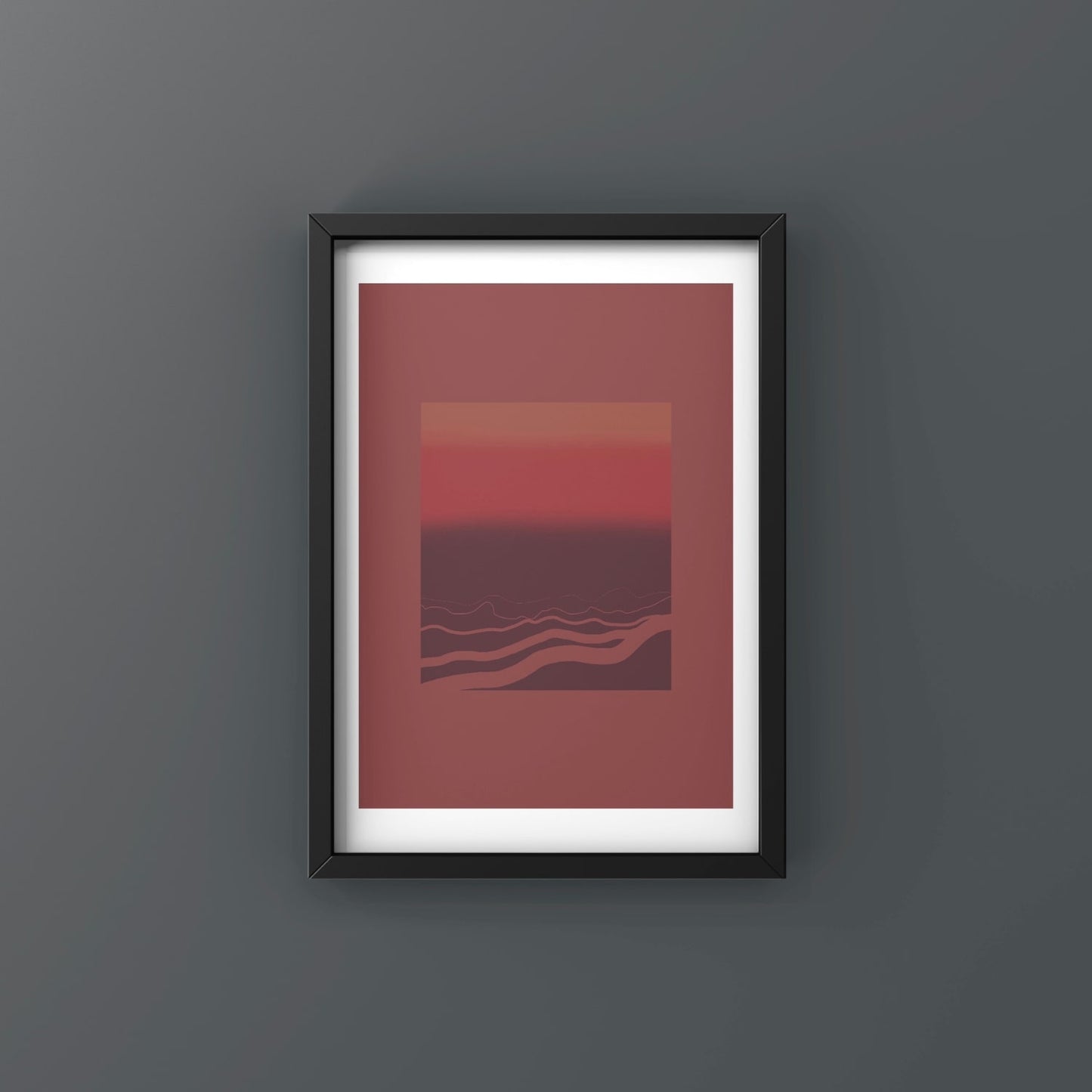 Abstract art print in black frame designed using Farrow & Ball signature colour palette range, 42,43,222 & 248. On wall colour Farrow & Ball 305 (Hopper Head)