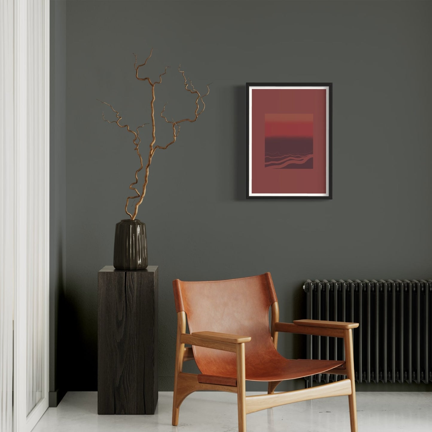 Abstract art print in black frame designed using Farrow & Ball signature colour palette range, 42,43,222 & 248. On wall colour Farrow & Ball 305 (Hopper Head)