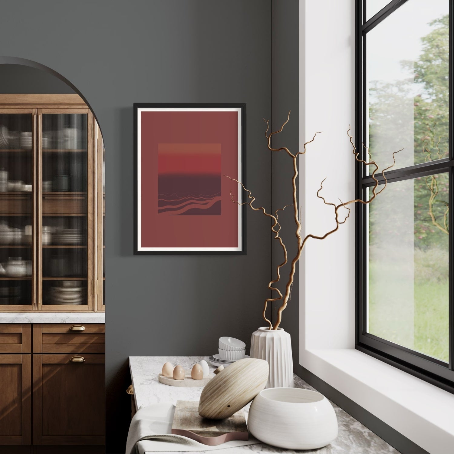 Abstract art print in black frame designed using Farrow & Ball signature colour palette range, 42,43,222 & 248. On wall colour Farrow & Ball 305 (Hopper Head)