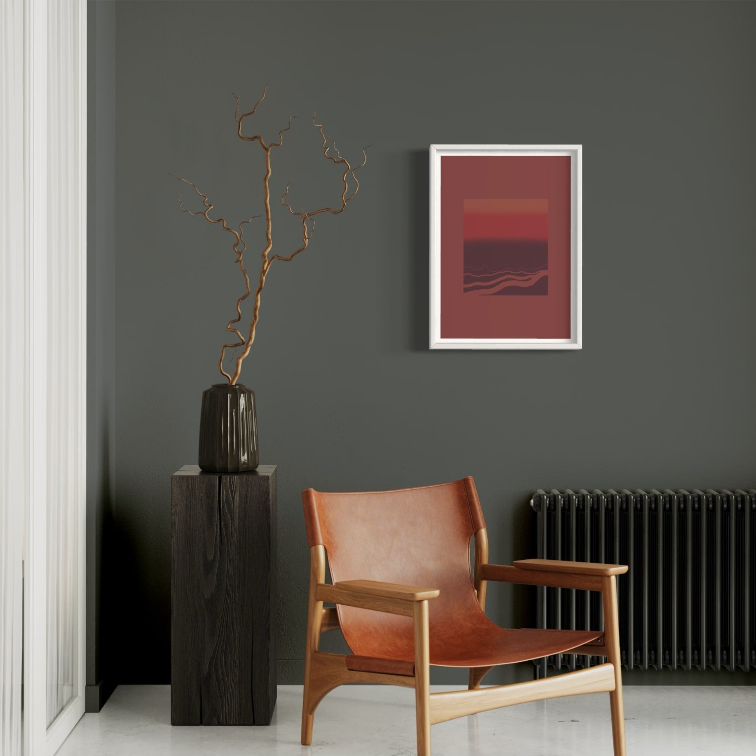 Abstract art print in white frame designed using Farrow & Ball signature colour palette range, 42,43,222 & 248. On wall colour Farrow & Ball 305 (Hopper Head)