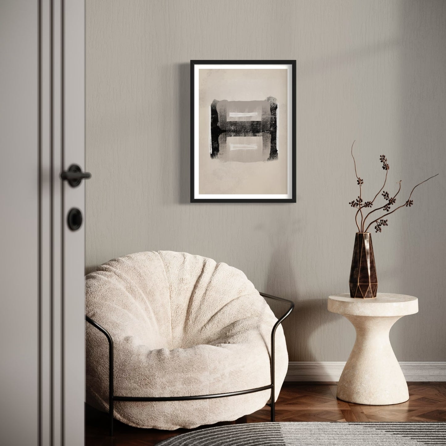 Athena abstract print in black Frame designed using Farrow & Ball colour palette,229,267 & 2008. Wall Colour is Farrow & Ball 275.