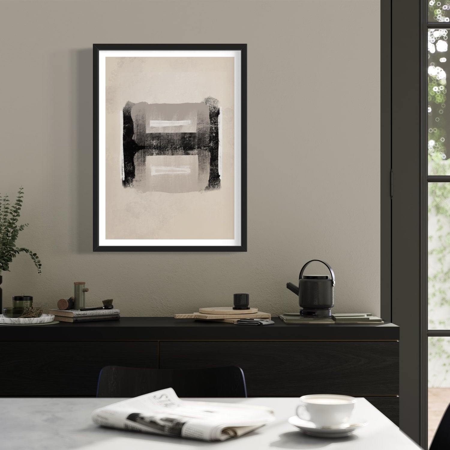 Athena abstract print in black Frame designed using Farrow & Ball colour palette,229,267 & 2008. Wall Colour is Farrow & Ball 275.