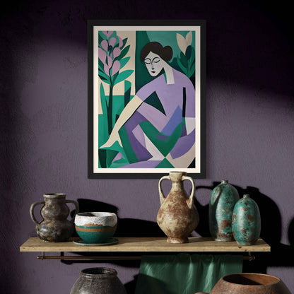 Beneath the Canopy, oil painting of a women gardening. In a Black Frame with white mount. Colour palette inspired by Farrow & Ball colours French Gray 18, Brassica 271 & Inchyra Blue 289.