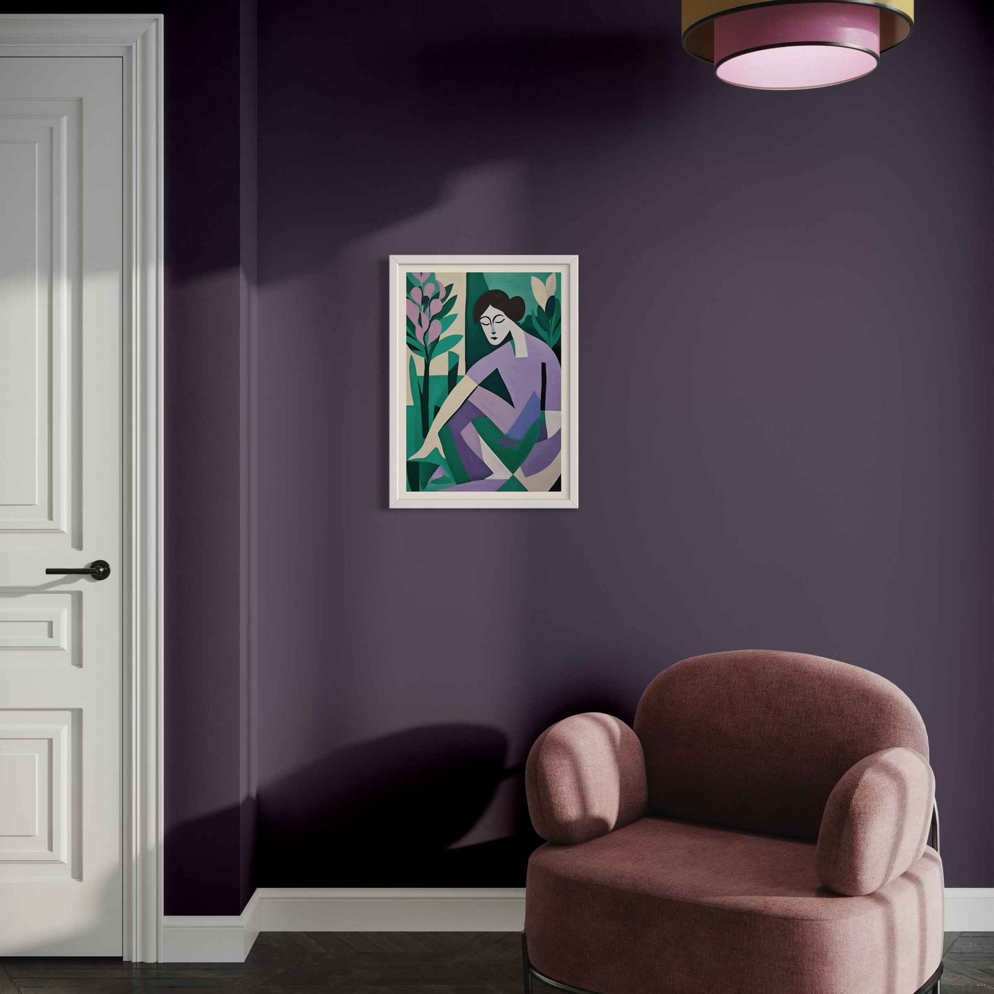 Beneath the Canopy, oil painting of a women gardening. In a white Frame with white mount. Colour palette inspired by Farrow & Ball colours French Gray 18, Brassica 271 & Inchyra Blue 289.