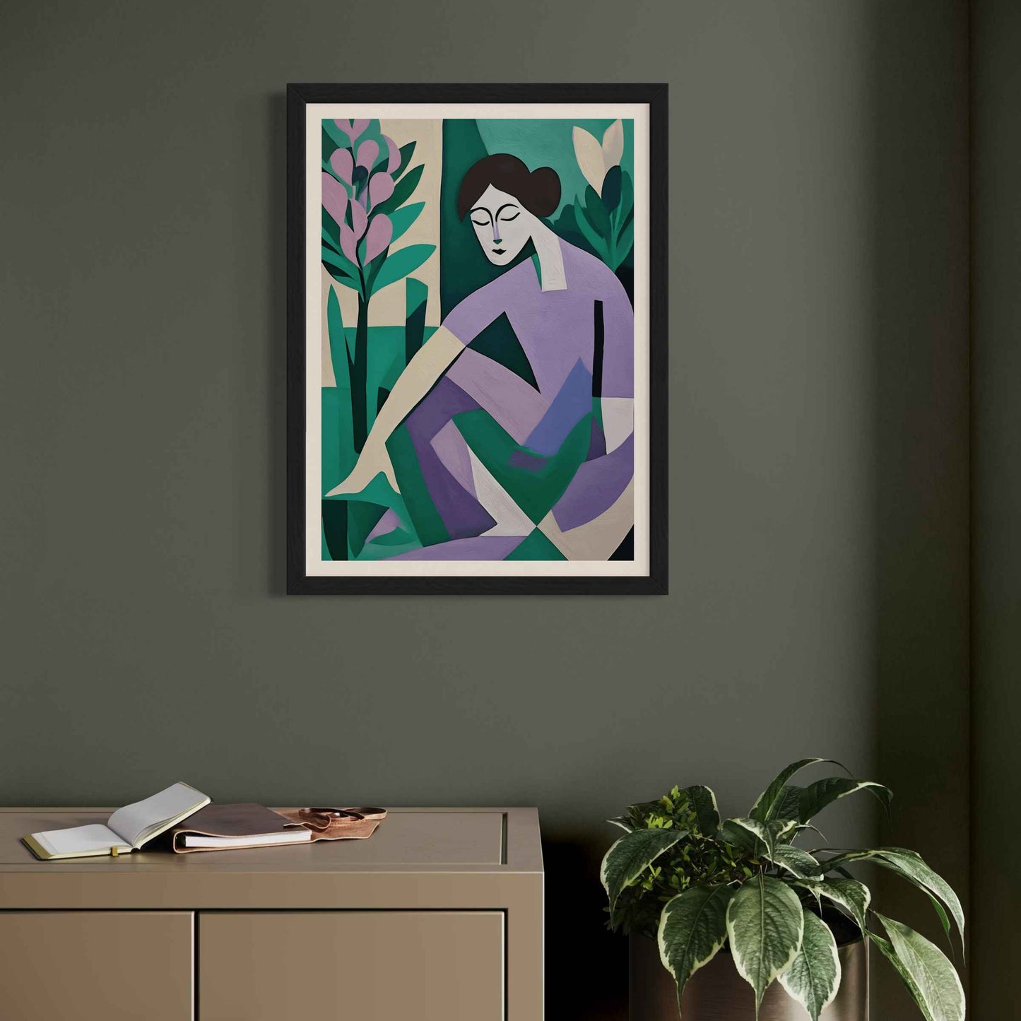 Beneath the Canopy, oil painting of a women gardening. In a Black Frame with white mount. Colour palette inspired by Farrow & Ball colours French Gray 18, Brassica 271 & Inchyra Blue 289.