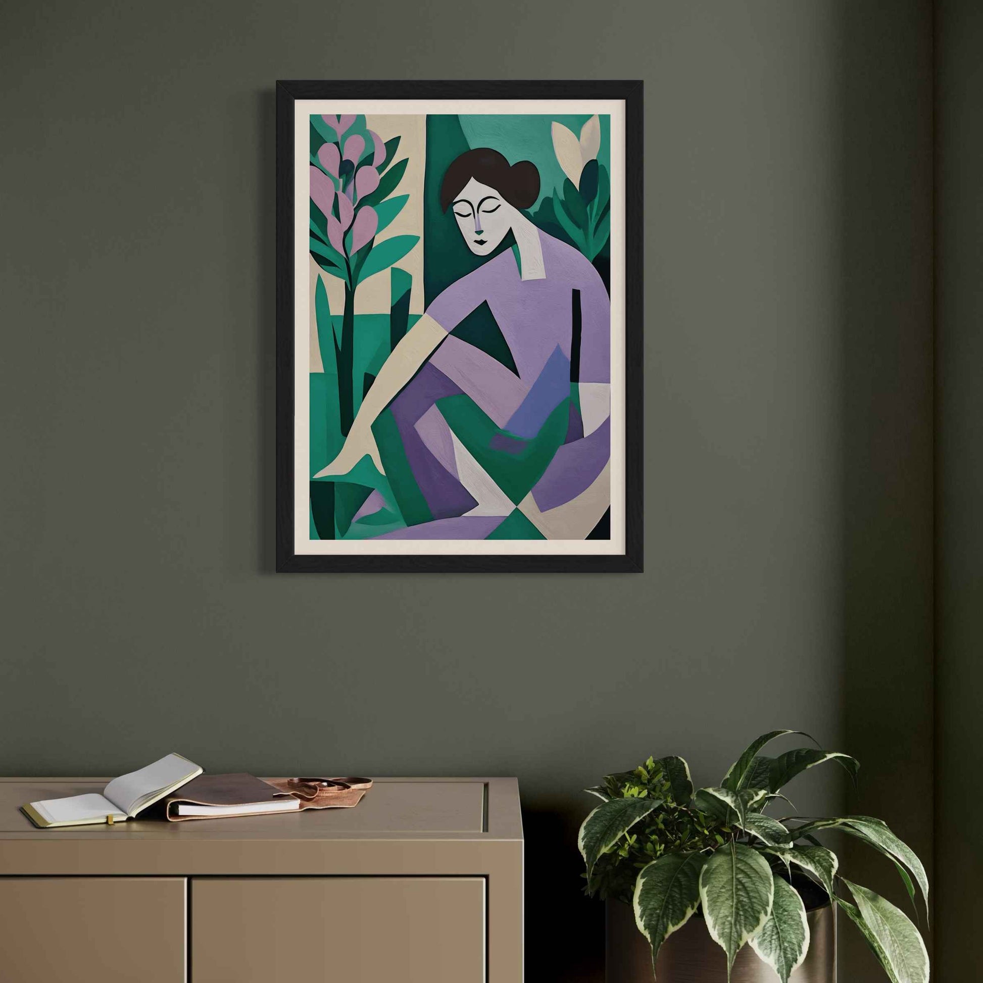 Beneath the Canopy, oil painting of a women gardening. In a Black Frame with white mount. Colour palette inspired by Farrow & Ball colours French Gray 18, Brassica 271 & Inchyra Blue 289.