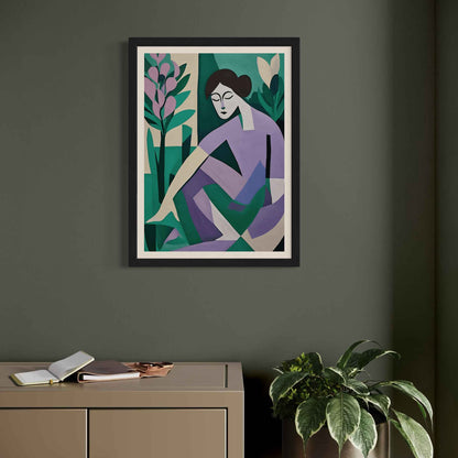 Beneath the Canopy, oil painting of a women gardening. In a Black Frame with white mount. Colour palette inspired by Farrow & Ball colours French Gray 18, Brassica 271 & Inchyra Blue 289.