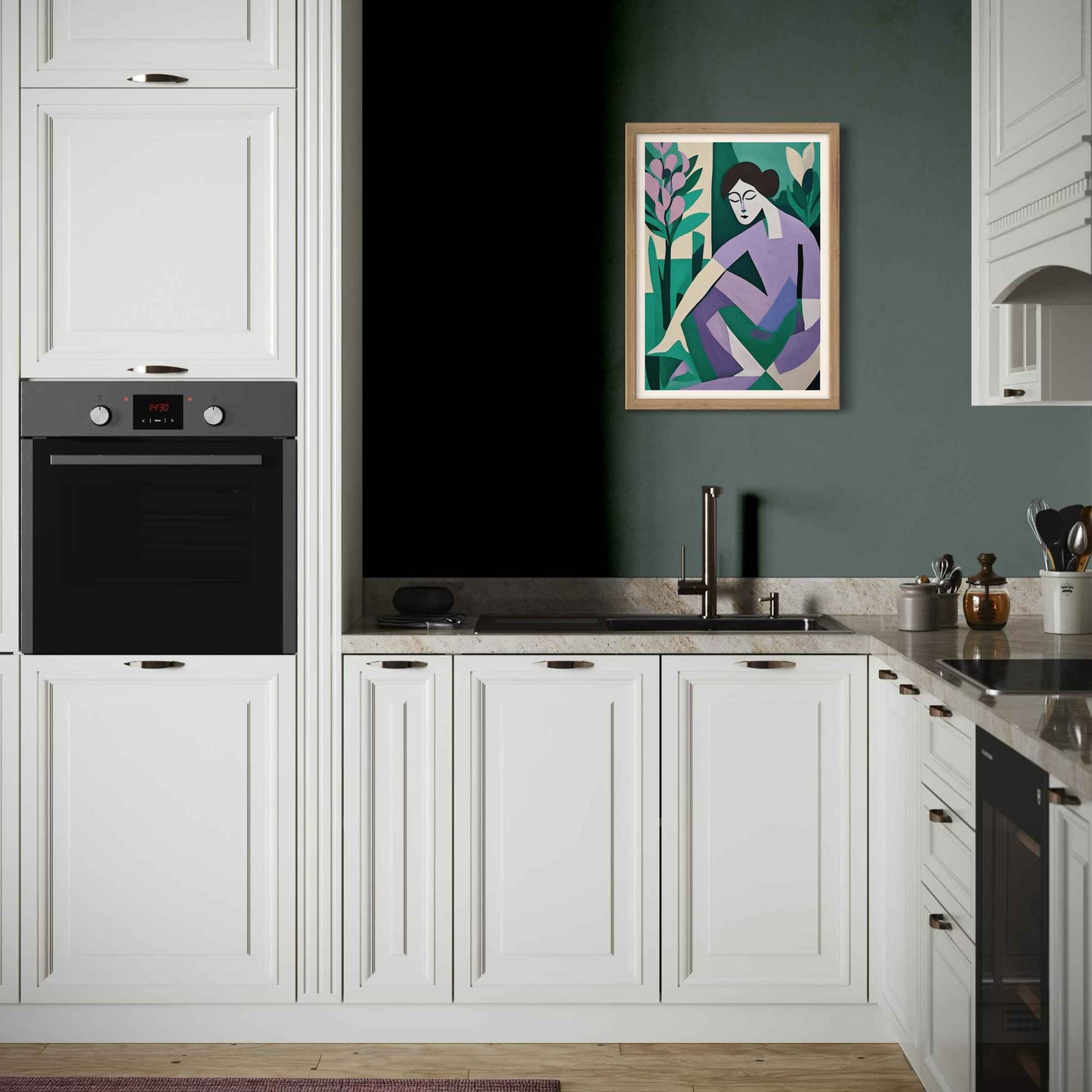 Beneath the Canopy, oil painting of a women gardening. In an Oak Frame with white mount. Colour palette inspired by Farrow & Ball colours French Gray 18, Brassica 271 & Inchyra Blue 289.