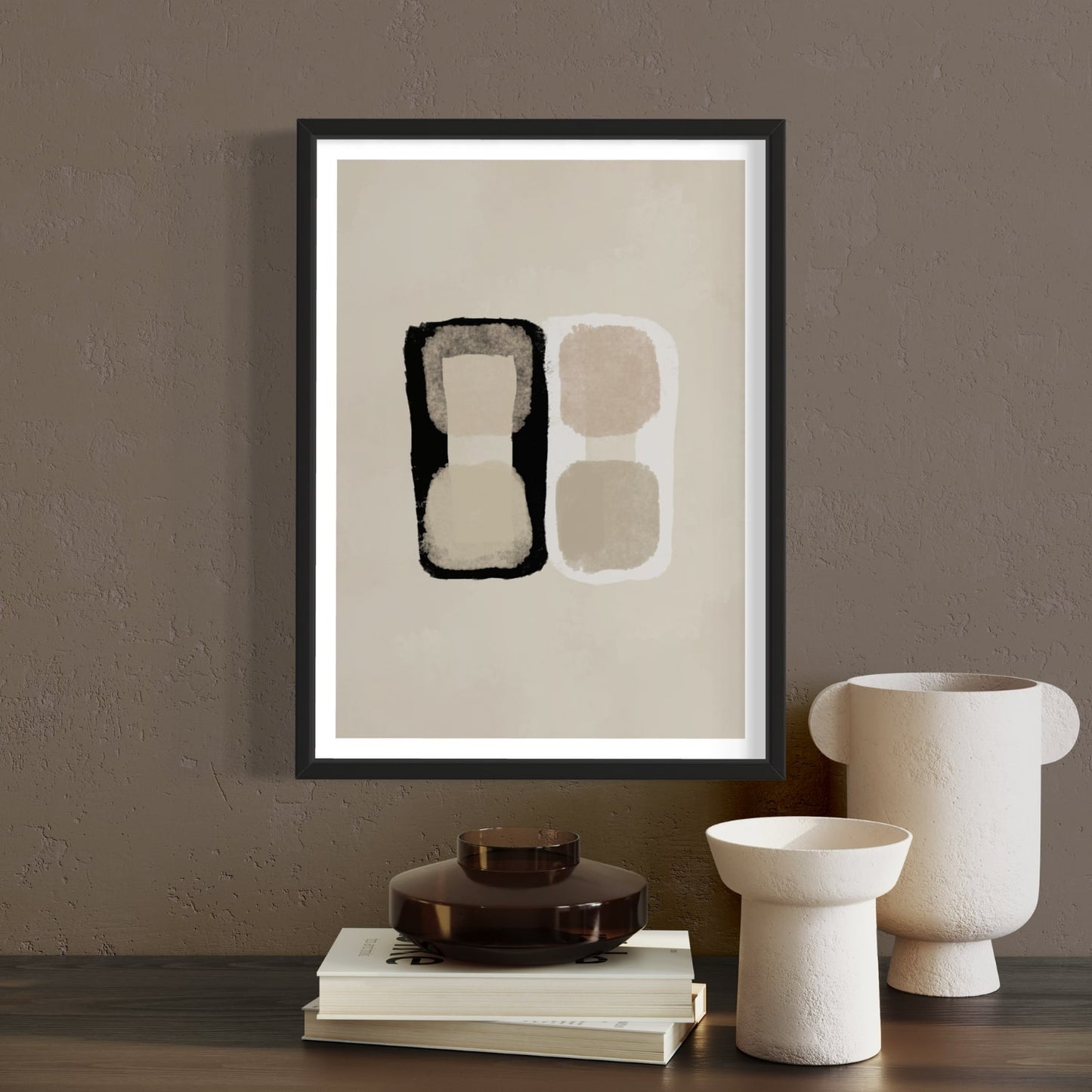 Bouleverse abstract print in black frame designed using Farrow & Ball signature colour palette range, 3,4,226,239,264 & 2004. Wall Colour Farrow & Ball colour 244bg