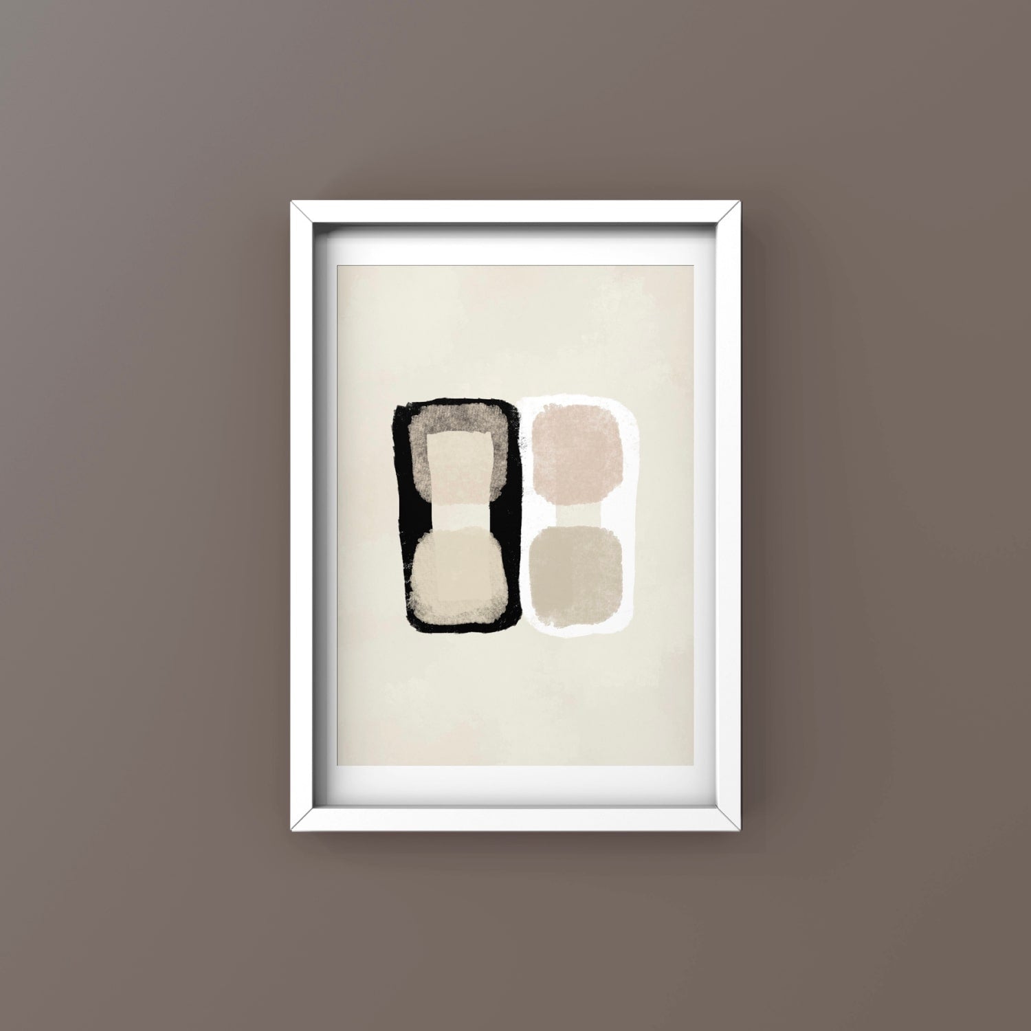 Bouleverse abstract print in white frame designed using Farrow & Ball signature colour palette range, 3,4,226,239,264 & 2004. Wall Colour Farrow & Ball colour 244bg