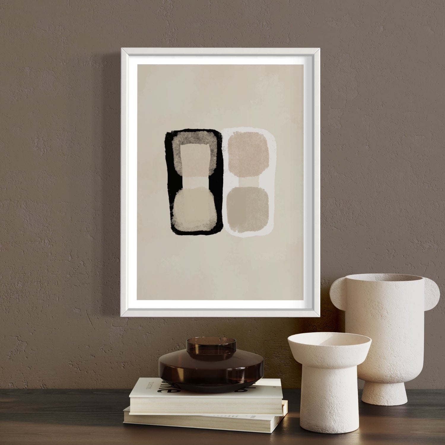 Bouleverse abstract print in white frame designed using Farrow & Ball signature colour palette range, 3,4,226,239,264 & 2004. Wall Colour Farrow & Ball colour 244bg