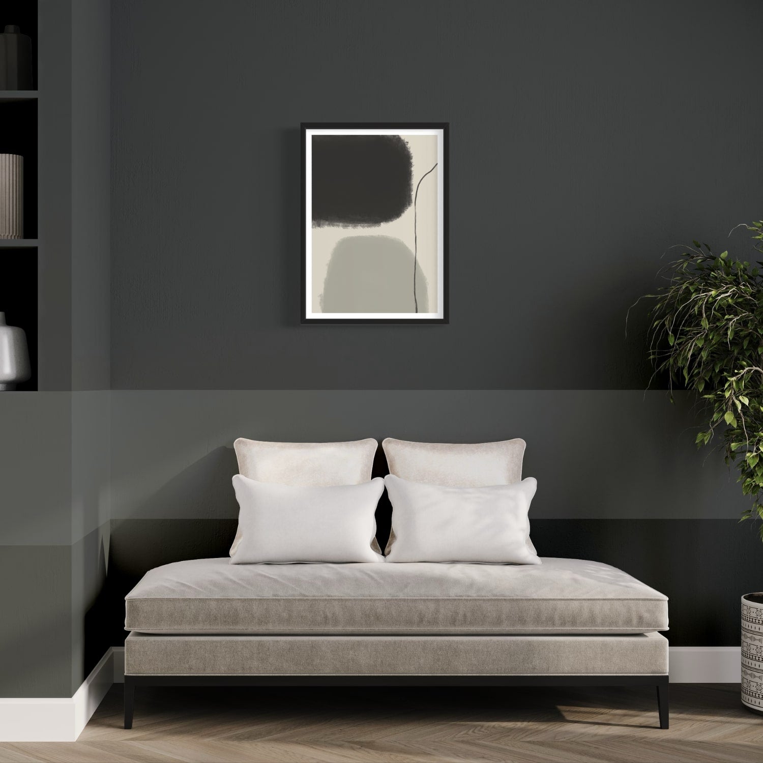 Brave abstract print in black frame designed using Farrow & Ball signature colour palette range, 239 & 256. Wall colour is Farrow & Ball 93 (Studio Green)