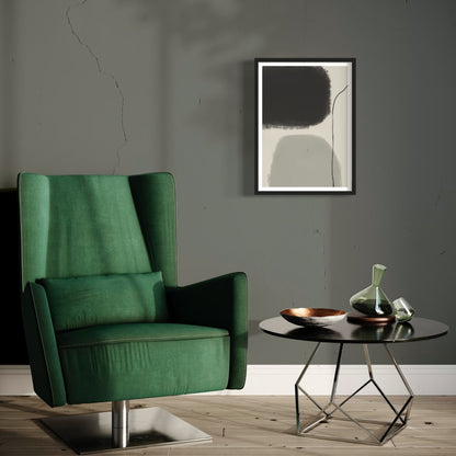 Brave abstract print in black frame designed using Farrow & Ball signature colour palette range, 239 & 256. Wall colour is Farrow & Ball 93 (Studio Green)