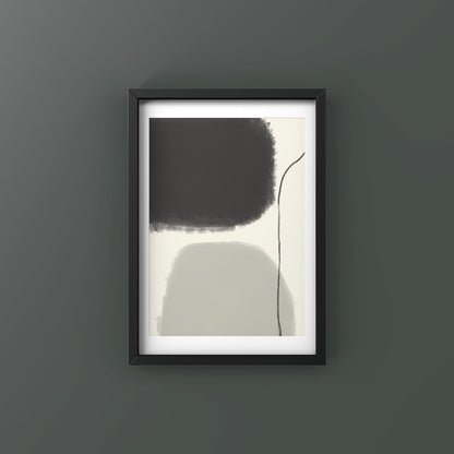 Brave abstract print in black frame designed using Farrow & Ball signature colour palette range, 239 & 256. Wall colour is Farrow & Ball 93 (Studio Green)