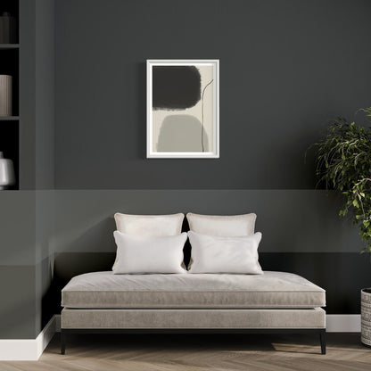 Brave abstract print in white frame designed using Farrow & Ball signature colour palette range, 239 & 256. Wall colour is Farrow & Ball 93 (Studio Green)