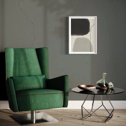 Brave abstract print in white frame designed using Farrow & Ball signature colour palette range, 239 & 256. Wall colour is Farrow & Ball 93 (Studio Green)