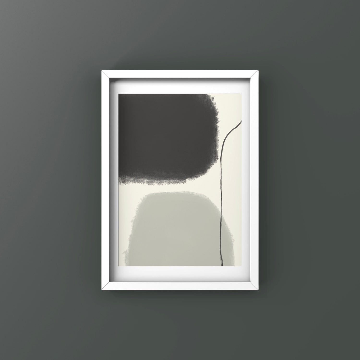 Brave abstract print in white frame designed using Farrow & Ball signature colour palette range, 239 & 256. Wall colour is Farrow & Ball 93 (Studio Green)