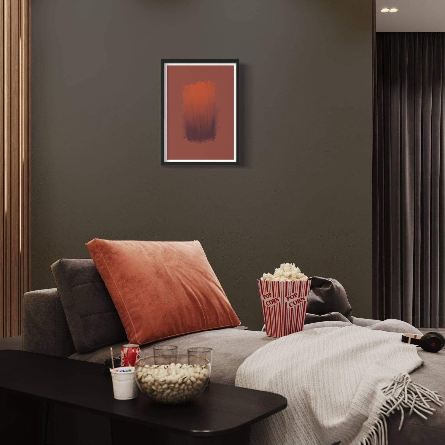 Glow Abstract art print in black frame designed using Farrow & Ball signature colour palette range, 42,222 & 268. On wall colour Farrow & Ball 256 (Pitch Black)