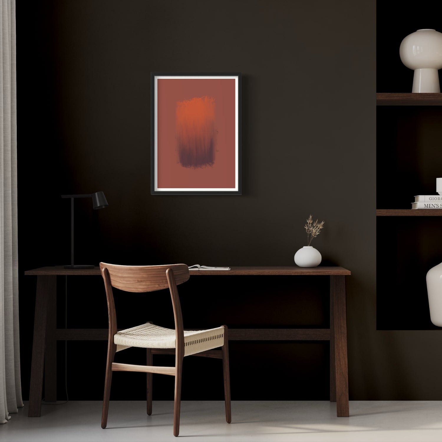 Glow Abstract art print in black frame designed using Farrow & Ball signature colour palette range, 42,222 & 268. On wall colour Farrow & Ball 256 (Pitch Black)