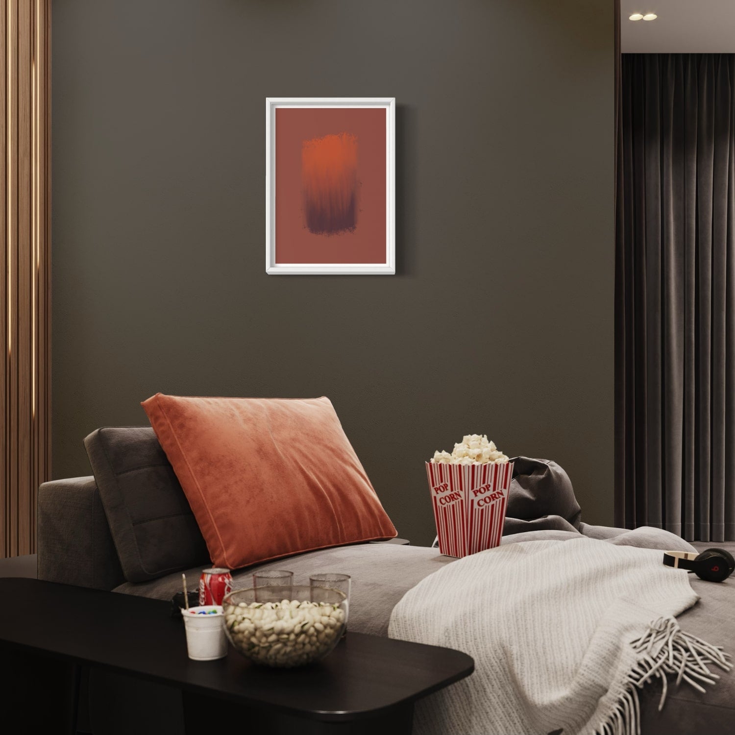 Glow Abstract art print in white frame designed using Farrow & Ball signature colour palette range, 42,222 & 268. On wall colour Farrow & Ball 256 (Pitch Black)