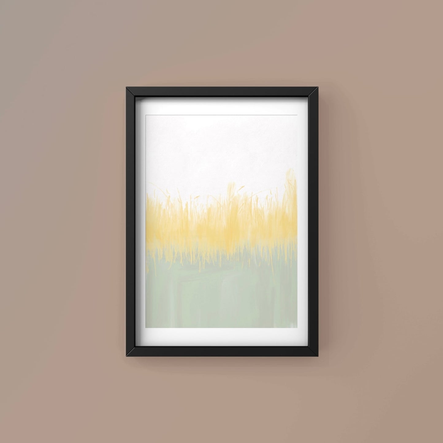 Abstract art print in black frame designed using Farrow & Ball signature & Archive colour palette range, CC4,74 & 233. On wall colour 28 (Dead Salmon)