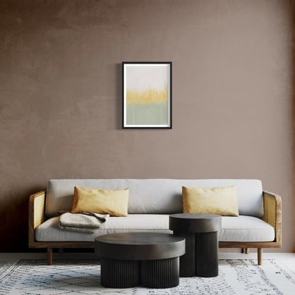 Abstract art print in black frame designed using Farrow & Ball signature & Archive colour palette range, CC4,74 & 233. On wall colour 28 (Dead Salmon)