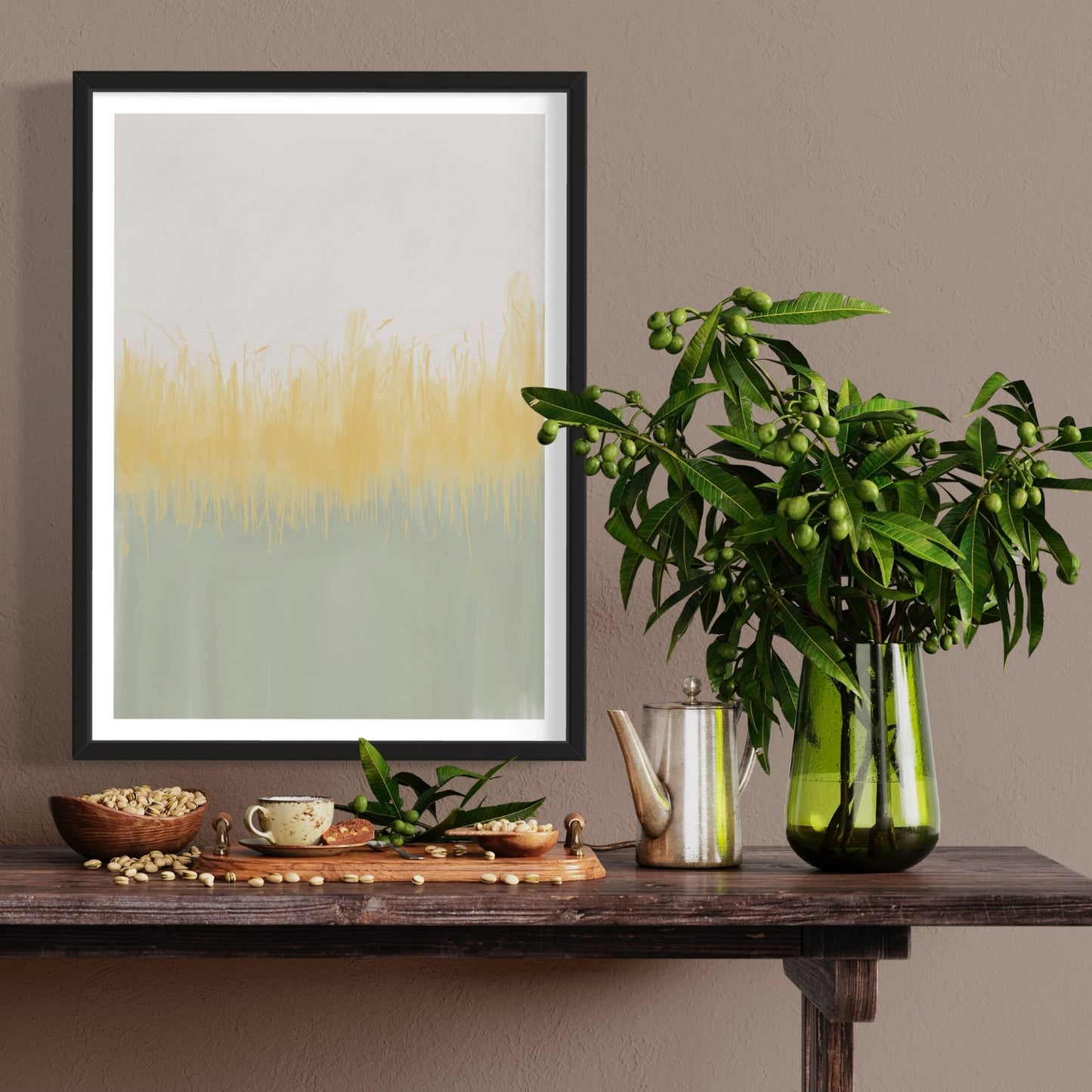 Abstract art print in black frame designed using Farrow & Ball signature & Archive colour palette range, CC4,74 & 233. On wall colour 28 (Dead Salmon)