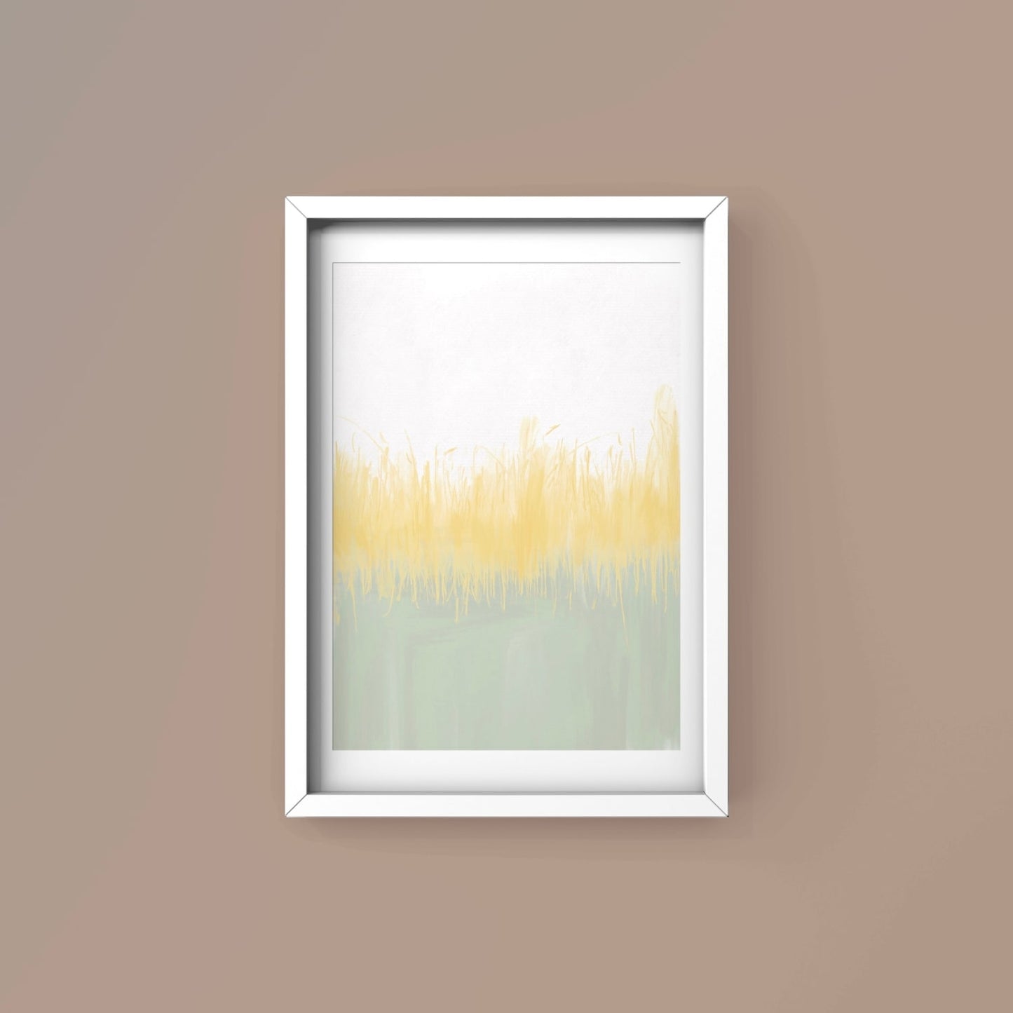 Abstract art print in white frame designed using Farrow & Ball signature & Archive colour palette range, CC4,74 & 233. On wall colour 28 (Dead Salmon)