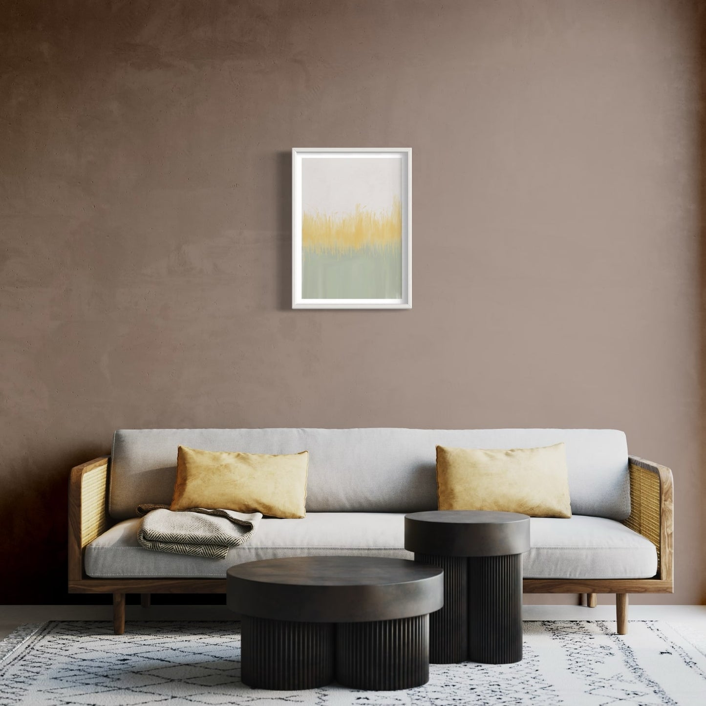 Abstract art print in white frame designed using Farrow & Ball signature & Archive colour palette range, CC4,74 & 233. On wall colour 28 (Dead Salmon)