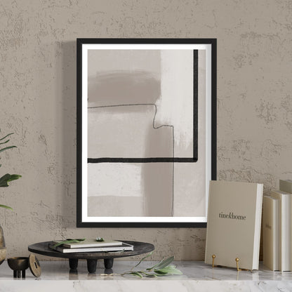 La Ligne abstract art print in black frame  designed using Farrow & Ball signature colour palette range, 242,267 & 273. Wall colour Farrow & Ball 300 (Stirabout).