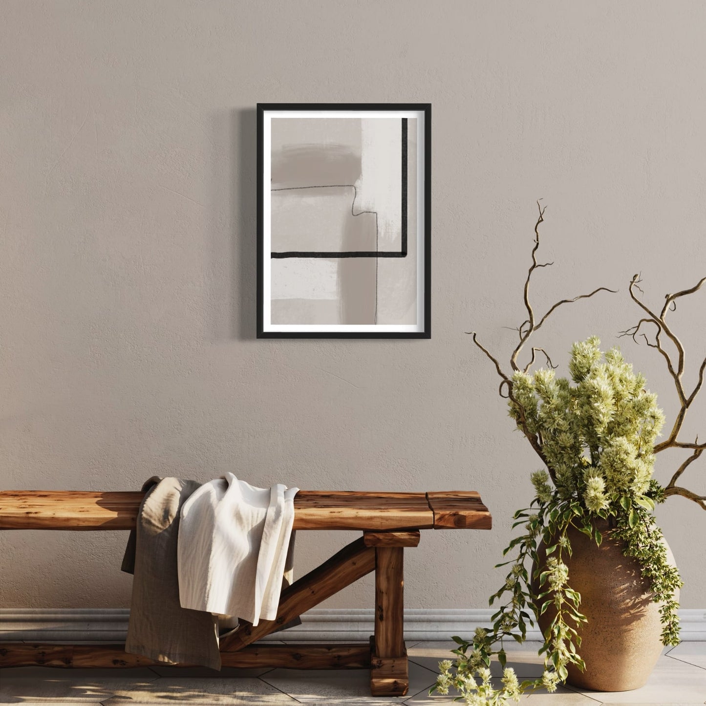 La Ligne abstract art print in black frame  designed using Farrow & Ball signature colour palette range, 242,267 & 273. Wall colour Farrow & Ball 300 (Stirabout).