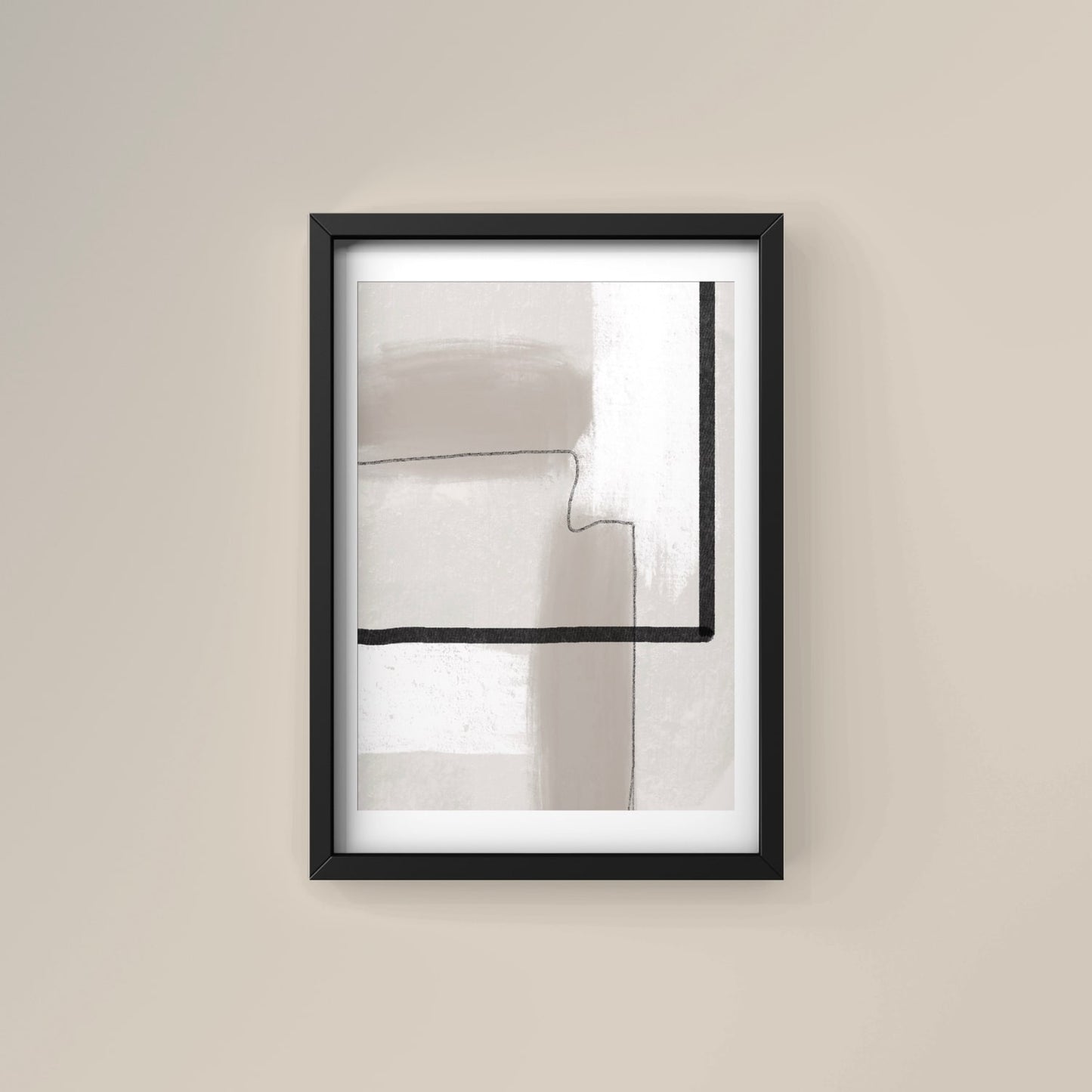 La Ligne abstract art print in black frame designed using Farrow & Ball signature colour palette range, 242,267 & 273. Wall colour Farrow & Ball 300 (Stirabout).