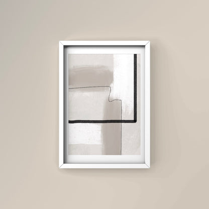 La Ligne abstract art print in white frame designed using Farrow & Ball signature colour palette range, 242,267 & 273. Wall colour Farrow & Ball 300 (Stirabout).