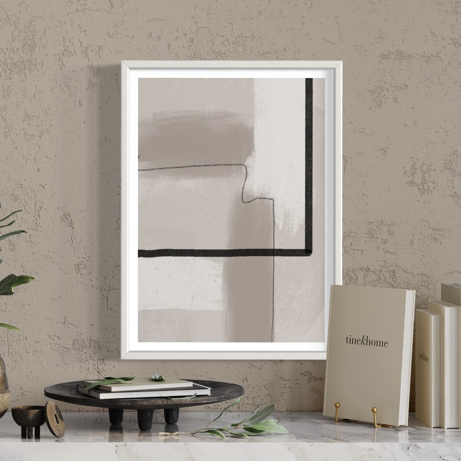 La Ligne abstract art print in white frame  designed using Farrow & Ball signature colour palette range, 242,267 & 273. Wall colour Farrow & Ball 300 (Stirabout).