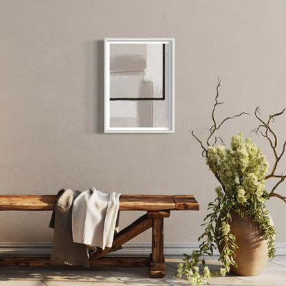 La Ligne abstract art print in white frame  designed using Farrow & Ball signature colour palette range, 242,267 & 273. Wall colour Farrow & Ball 300 (Stirabout).