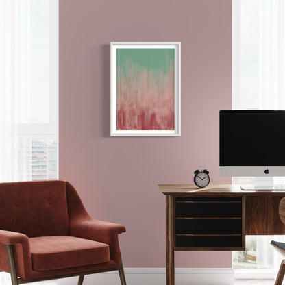 Mirage abstract art print in white frame created using the Farrow & Ball signature range, 214,217,231,278 & 303. On Farrow & Ball wall colour 246 (Cinder Rose)