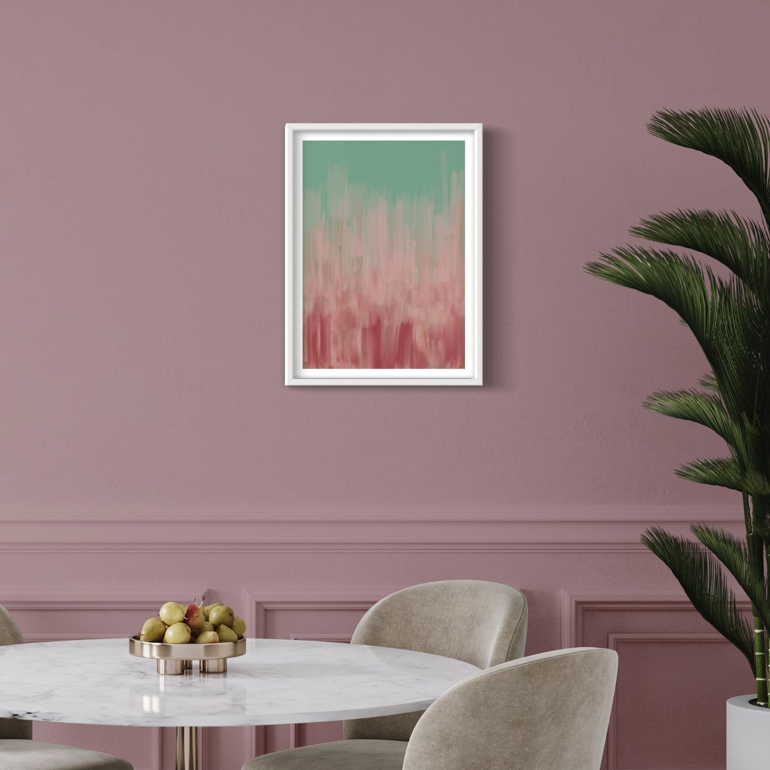 Mirage abstract art print in white frame created using the Farrow & Ball signature range, 214,217,231,278 & 303. On Farrow & Ball wall colour 246 (Cinder Rose)