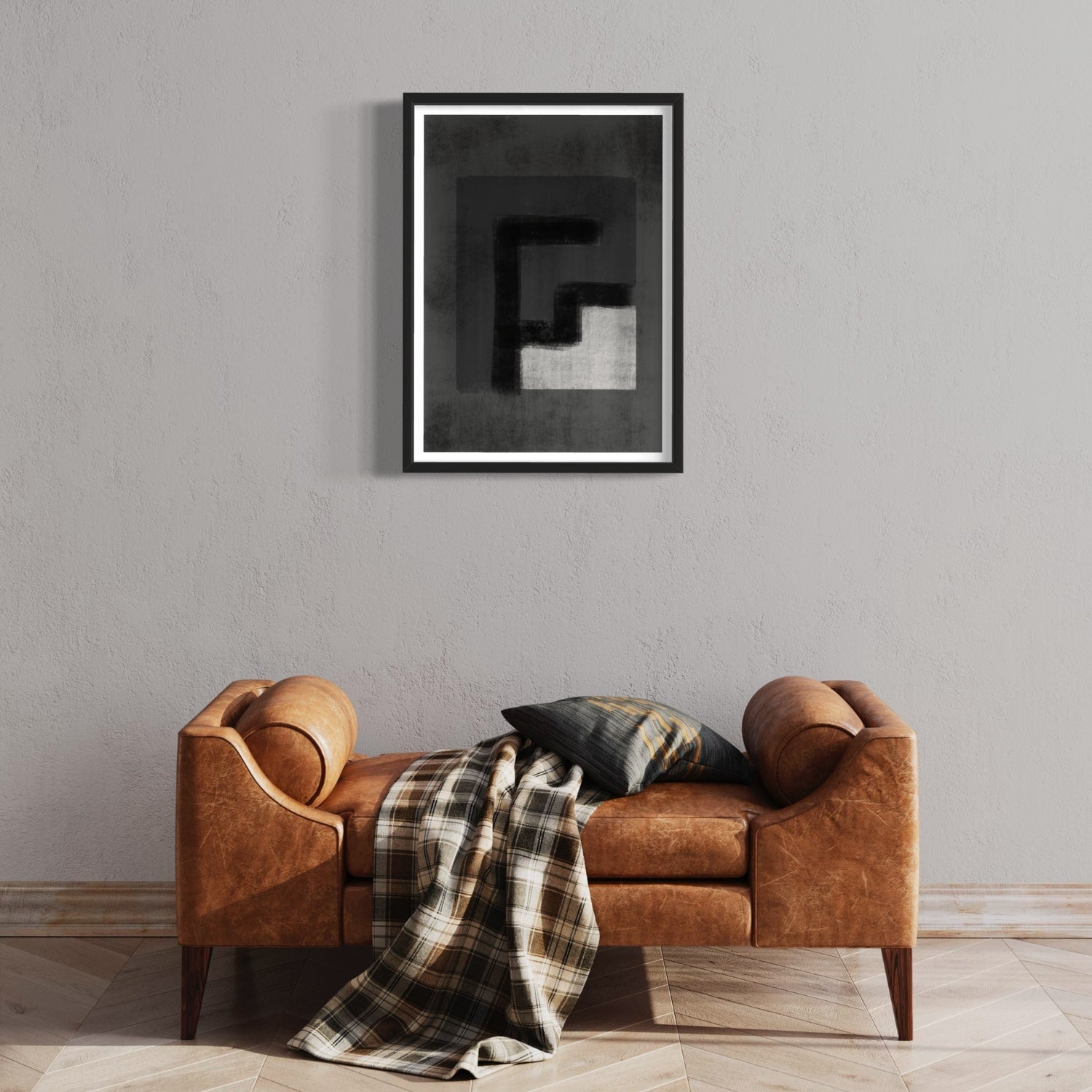 Maze abstract art print in black frame designed using Farrow & Ball signature colour palette range, 26 & 57. Wall colour Farrow & Ball 277 (Dimpse)