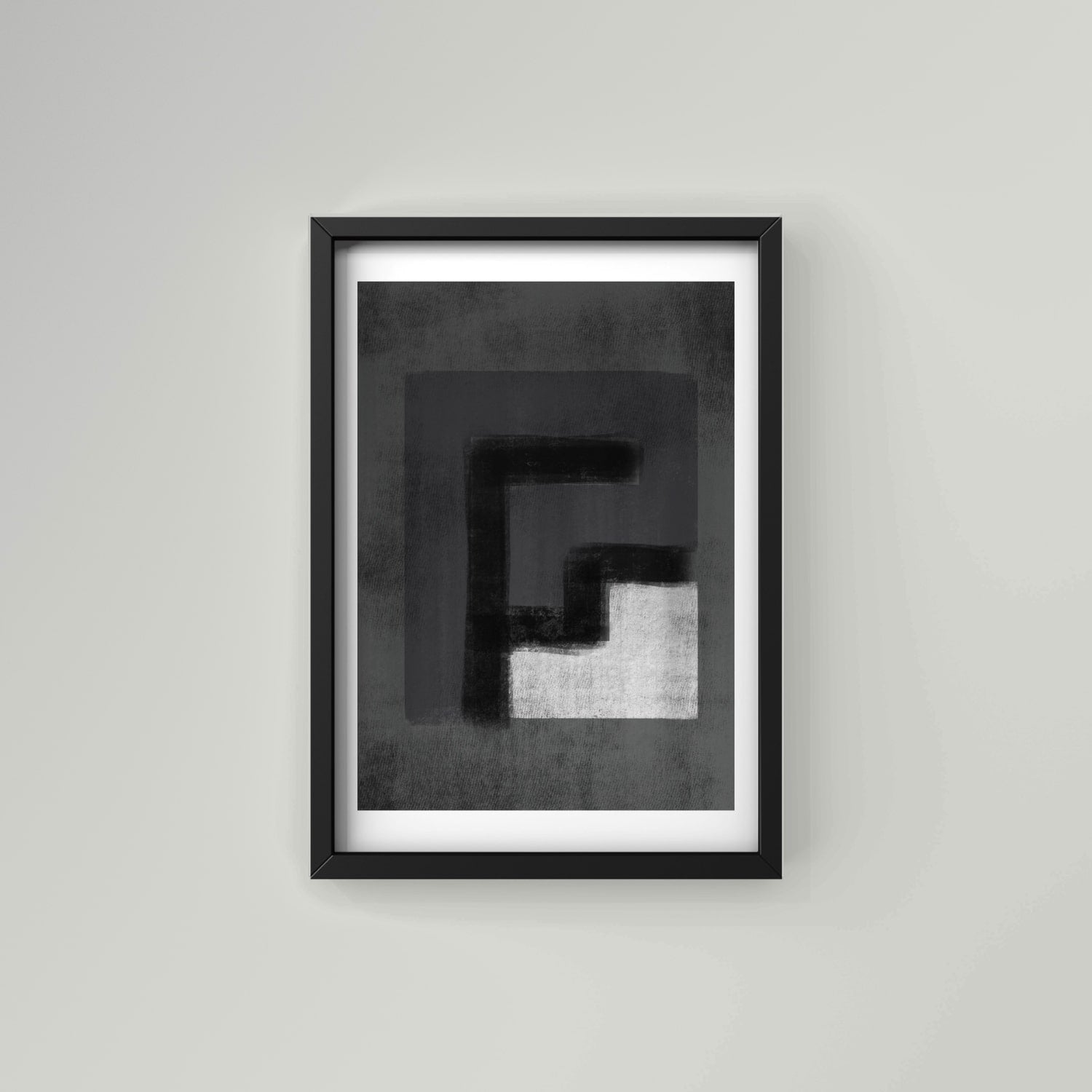 Maze abstract art print in black frame designed using Farrow & Ball signature colour palette range, 26 & 57. Wall colour Farrow & Ball 277 (Dimpse)