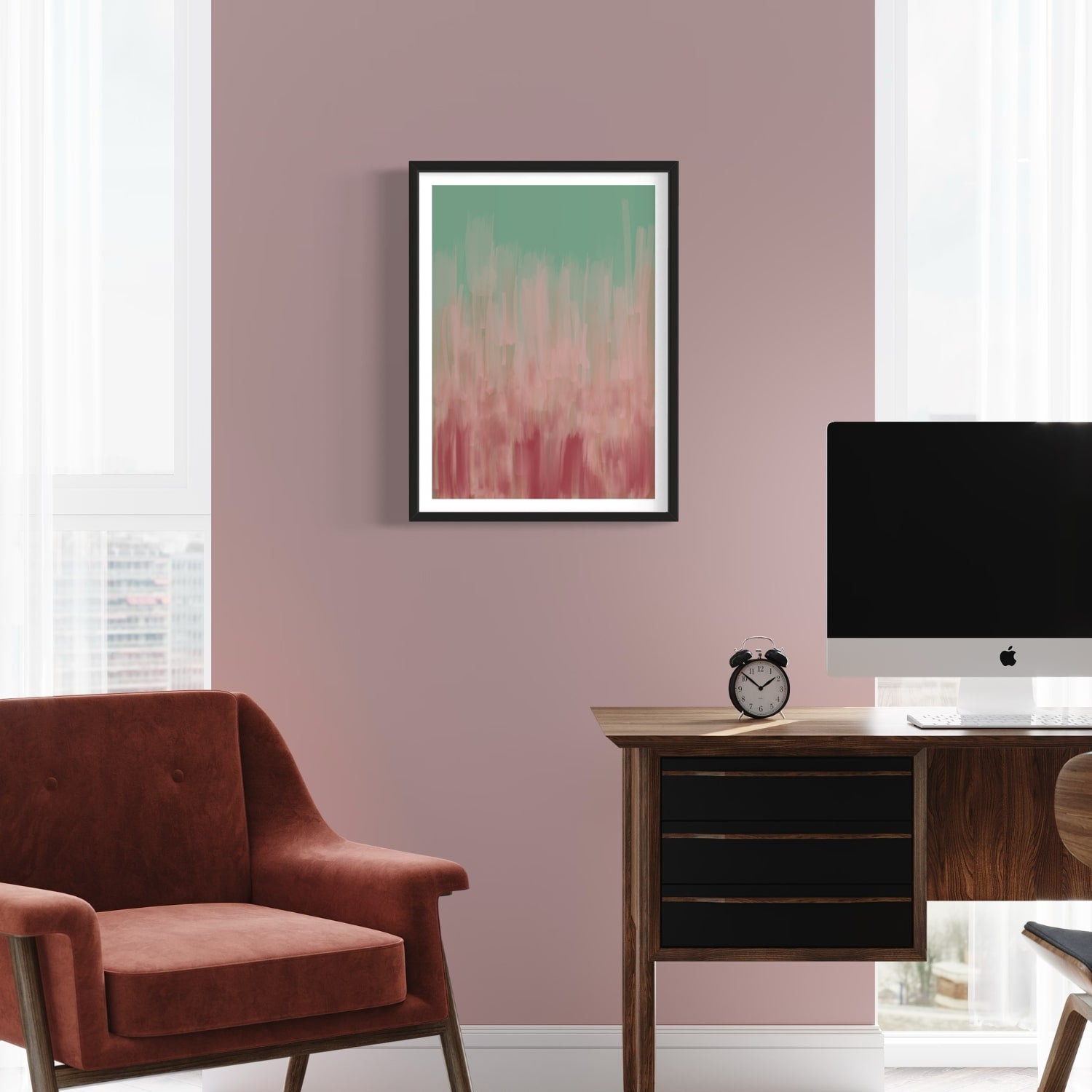 Mirage abstract art print in black frame created using the Farrow & Ball signature range, 214,217,231,278 & 303. On Farrow & Ball wall colour 246 (Cinder Rose)