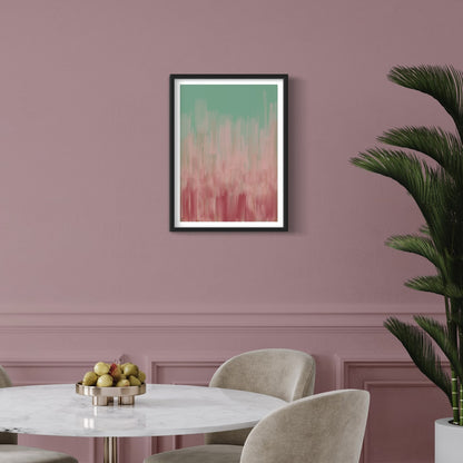 Mirage abstract art print in black frame created using the Farrow & Ball signature range, 214,217,231,278 & 303. On Farrow & Ball wall colour 246 (Cinder Rose)