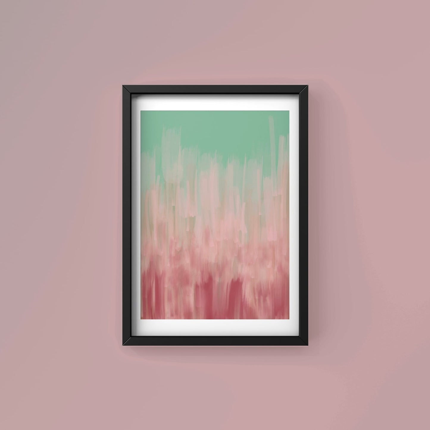 Mirage abstract art print in black frame created using the Farrow & Ball signature range, 214,217,231,278 & 303. On Farrow & Ball wall colour 246 (Cinder Rose)