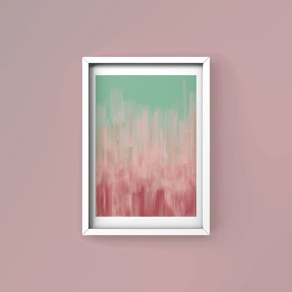 Mirage abstract art print in white frame created using the Farrow & Ball signature range, 214,217,231,278 & 303. On Farrow & Ball wall colour 246 (Cinder Rose)