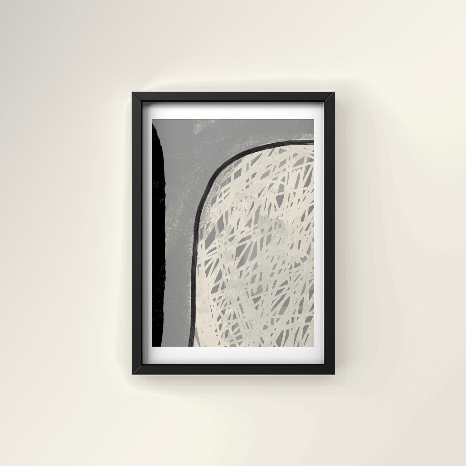 Abstract art print in black frame designed using Farrow & Ball signature colour palette range, 265,276 & 2004. Wall colour 239 (Wimborne White)