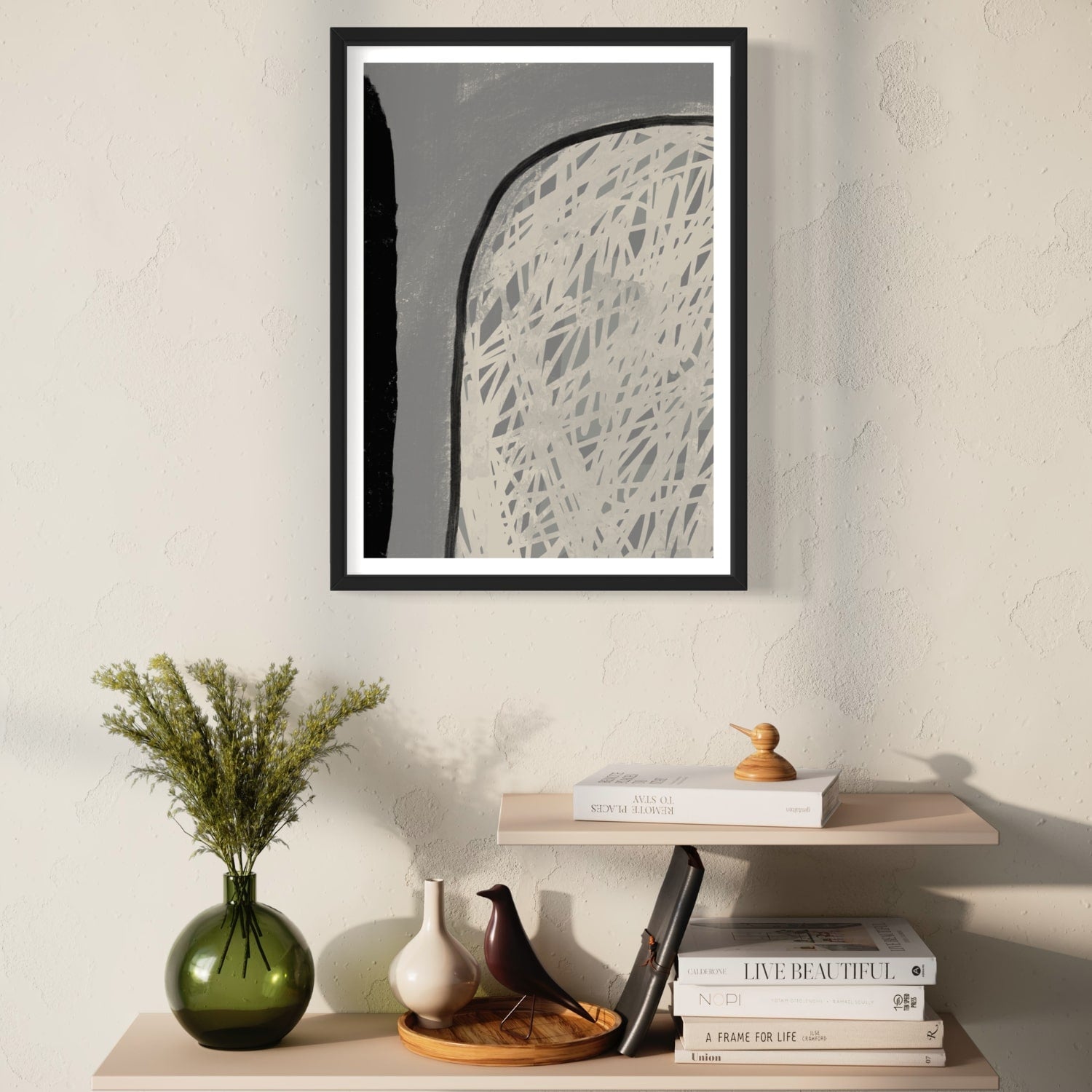 Abstract art print in black frame designed using Farrow & Ball signature colour palette range, 265,276 & 2004. Wall colour 239 (Wimborne White)