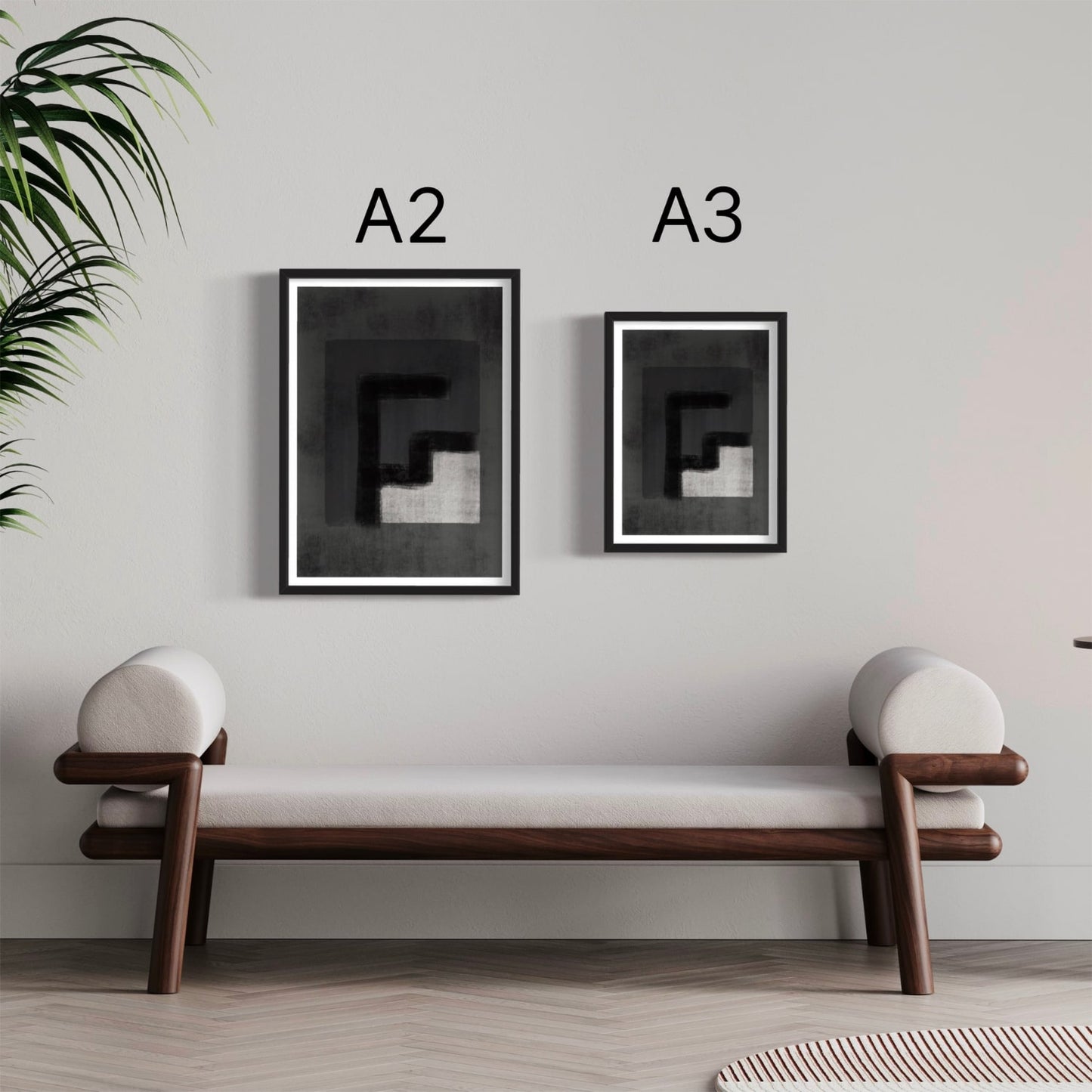 Maze abstract art print size guide. Sizes available are (A2) 42cm x 59cm, 16.5inches x 23.4inches (A3) 30cm x 42cm, 11.7inches x 16.5inches