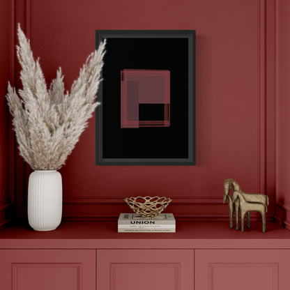 Nouveau abstract art print in black frame designed using Farrow & Ball signature colour palette range, 43,222 & 248. On wall colour Farrow & Ball 248 (Incarnadine)