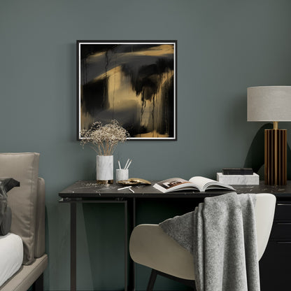 Opulento abstract wall art created in Farrow & Ball  colour palette 57,66,218 hanging on a bedroom wall painted in Farrow & Ball colour 299.