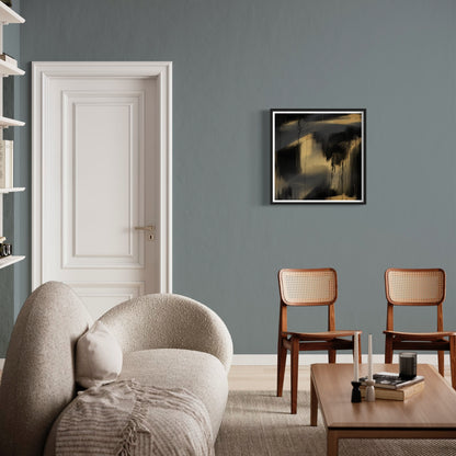 Opulento abstract wall art created in Farrow & Ball  colour palette 57,66,218 hanging on a living room wall painted in Farrow & Ball colour 299.